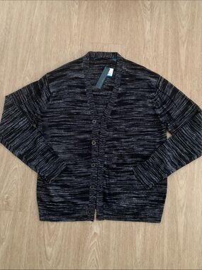 Perry Ellis Men's Black & Gray Striped Button Cardigan Sweater